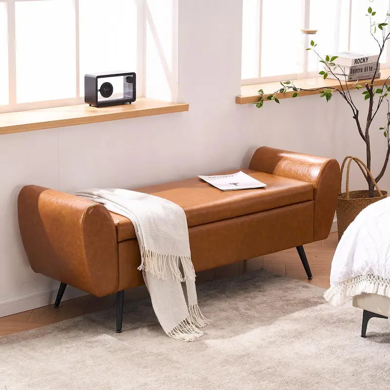 Upholstered 56 W Flip Top Storage Bench with arms