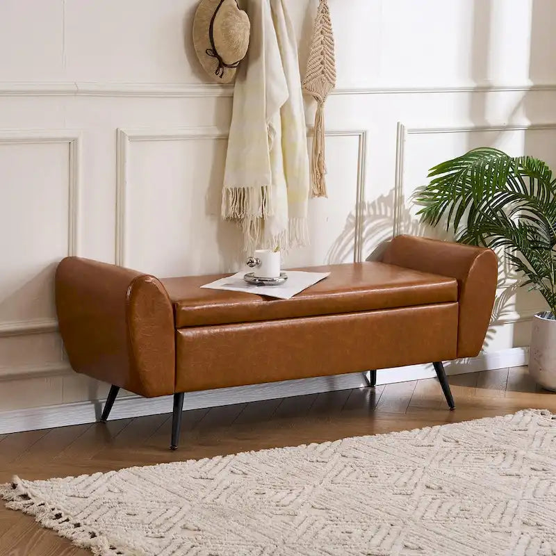 Upholstered 56 W Flip Top Storage Bench with arms