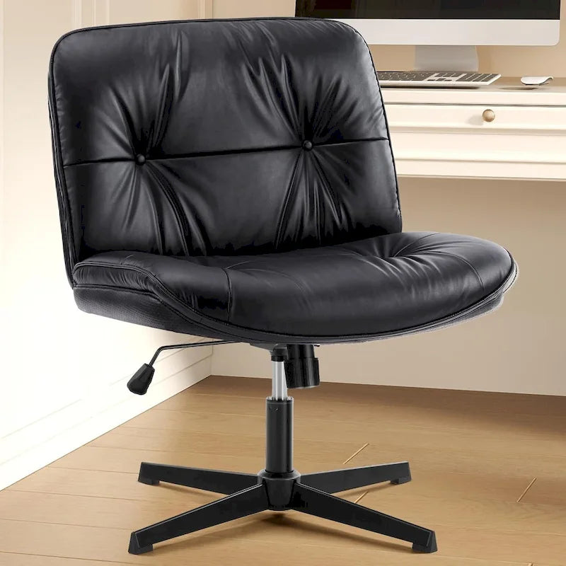 Criss Cross Legged Chair No Wheels Armless Wide Seat Adjustable Height Swivel Thick Padded PU Leather Comfortable Home Office