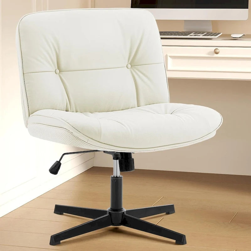 Criss Cross Legged Chair No Wheels Armless Wide Seat Adjustable Height Swivel Thick Padded PU Leather Comfortable Home Office
