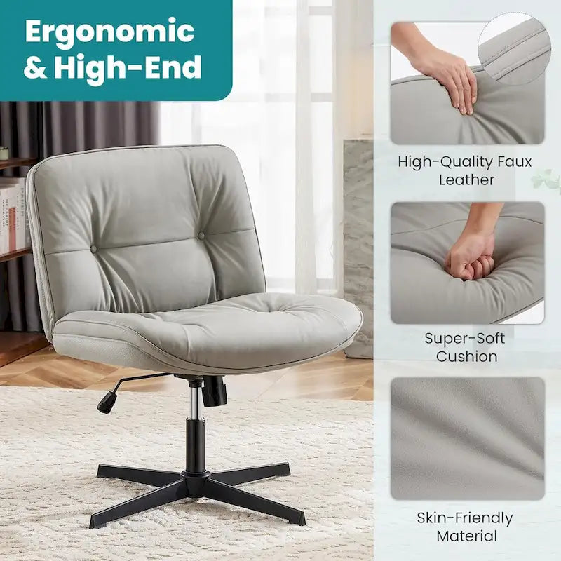 Criss Cross Legged Chair No Wheels Armless Wide Seat Adjustable Height Swivel Thick Padded PU Leather Comfortable Home Office