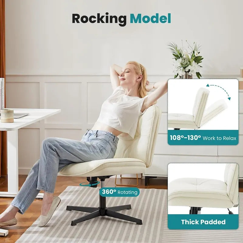 Criss Cross Legged Chair No Wheels Armless Wide Seat Adjustable Height Swivel Thick Padded PU Leather Comfortable Home Office