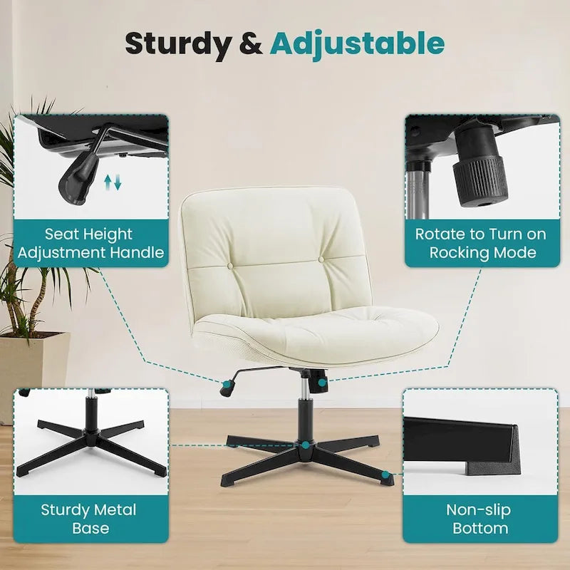 Criss Cross Legged Chair No Wheels Armless Wide Seat Adjustable Height Swivel Thick Padded PU Leather Comfortable Home Office