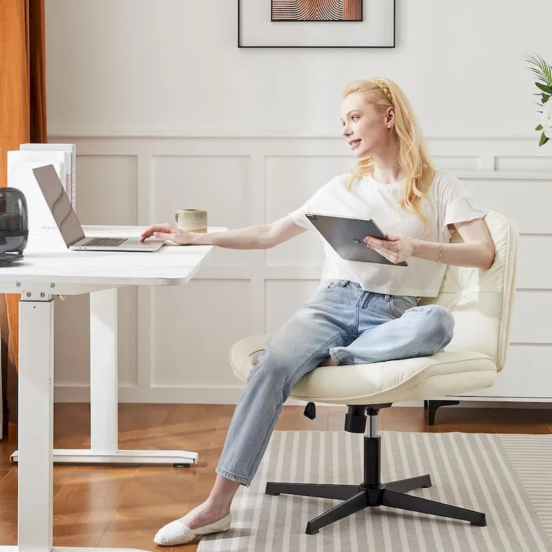 Criss Cross Legged Chair No Wheels Armless Wide Seat Adjustable Height Swivel Thick Padded PU Leather Comfortable Home Office