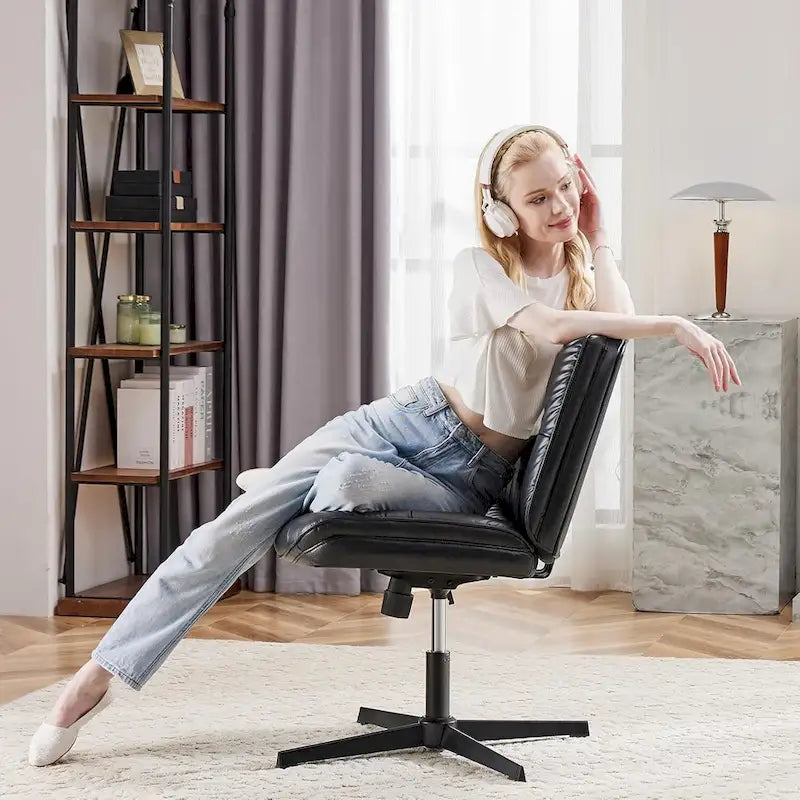Criss Cross Legged Chair No Wheels Armless Wide Seat Adjustable Height Swivel Thick Padded PU Leather Comfortable Home Office