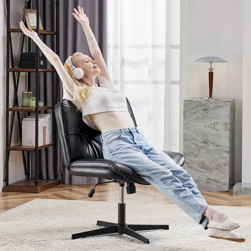 Criss Cross Legged Chair No Wheels Armless Wide Seat Adjustable Height Swivel Thick Padded PU Leather Comfortable Home Office