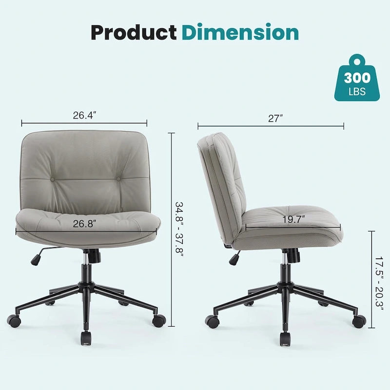 Criss Cross Chair with Wheels, Legged Home Office PU Leather Wide Armless Desk Seat, Rolling Ergonomic Comfy Vanity Seating