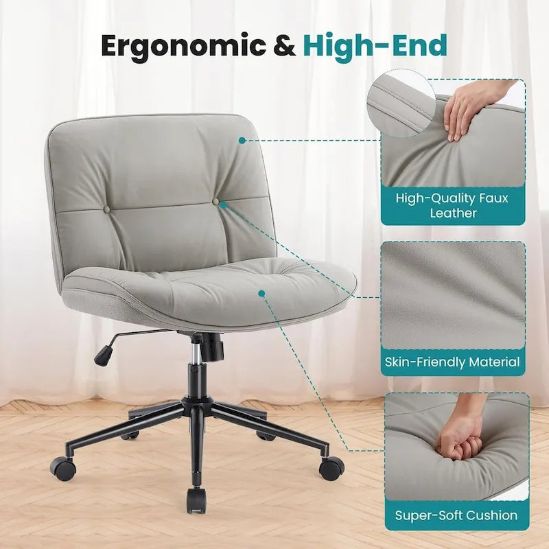 Criss Cross Chair with Wheels, Legged Home Office PU Leather Wide Armless Desk Seat, Rolling Ergonomic Comfy Vanity Seating