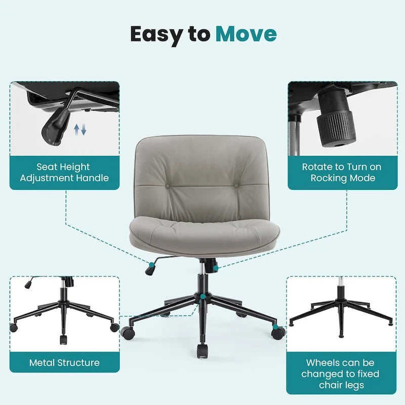 Criss Cross Chair with Wheels, Legged Home Office PU Leather Wide Armless Desk Seat, Rolling Ergonomic Comfy Vanity Seating