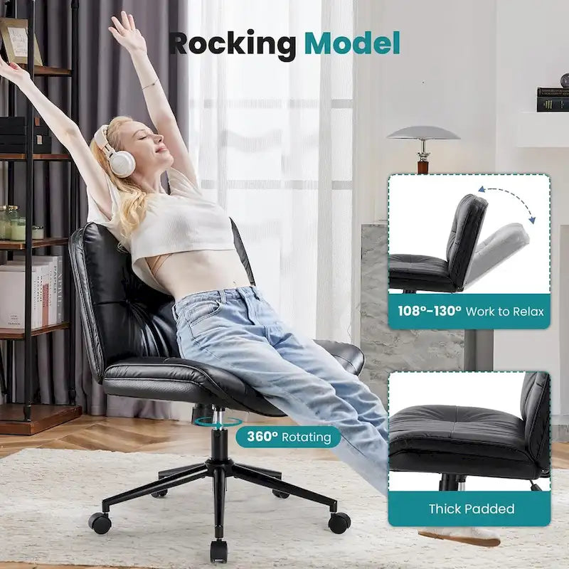 Criss Cross Chair with Wheels, Legged Home Office PU Leather Wide Armless Desk Seat, Rolling Ergonomic Comfy Vanity Seating