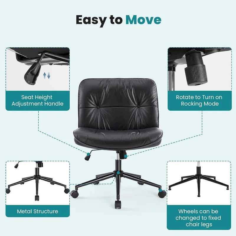 Criss Cross Chair with Wheels, Legged Home Office PU Leather Wide Armless Desk Seat, Rolling Ergonomic Comfy Vanity Seating