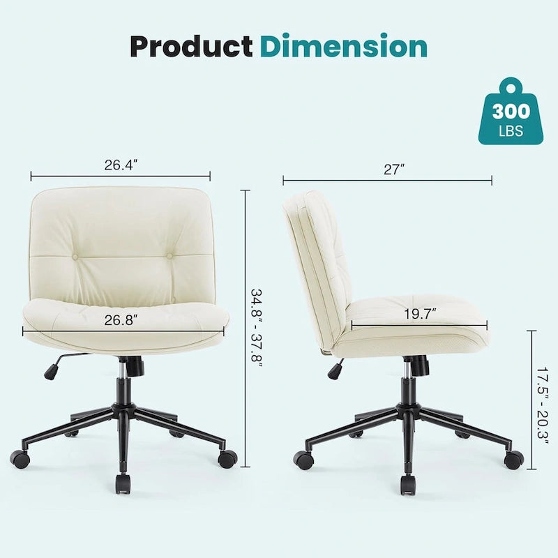 Criss Cross Chair with Wheels, Legged Home Office PU Leather Wide Armless Desk Seat, Rolling Ergonomic Comfy Vanity Seating