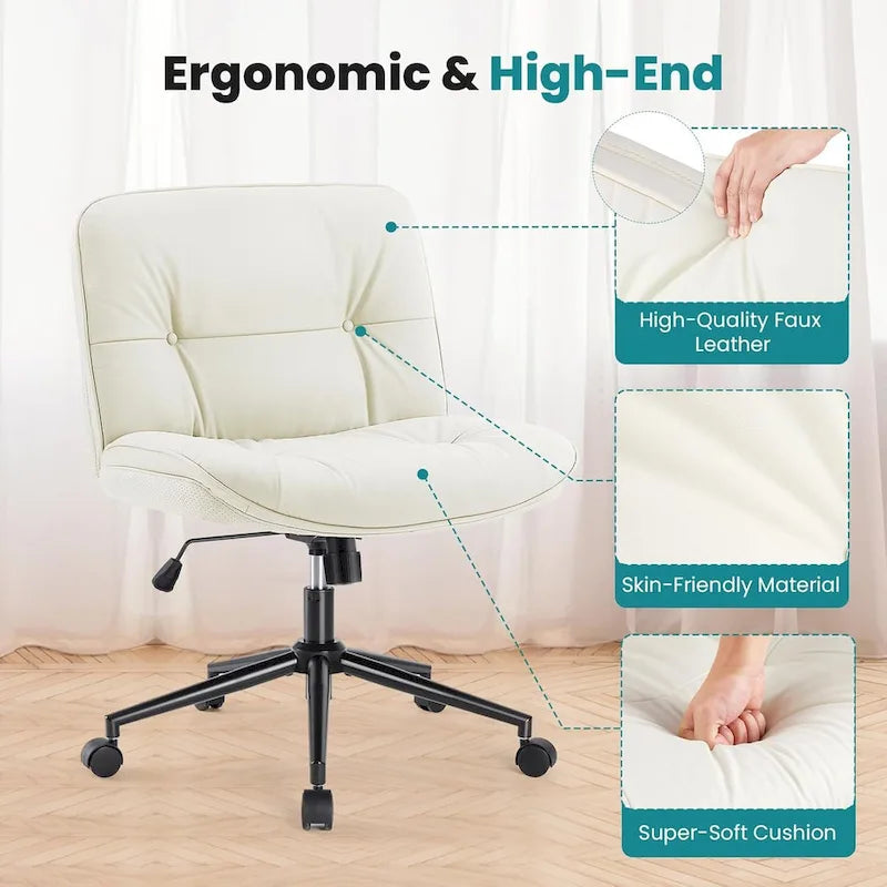 Criss Cross Chair with Wheels, Legged Home Office PU Leather Wide Armless Desk Seat, Rolling Ergonomic Comfy Vanity Seating