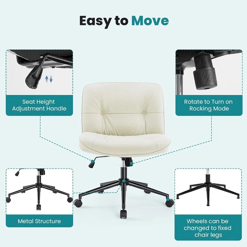 Criss Cross Chair with Wheels, Legged Home Office PU Leather Wide Armless Desk Seat, Rolling Ergonomic Comfy Vanity Seating