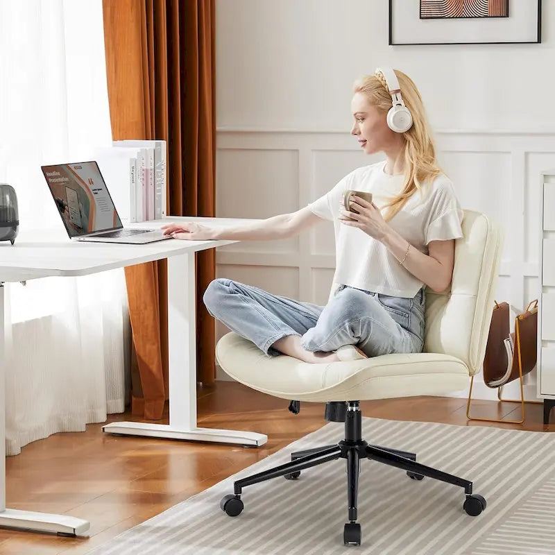 Criss Cross Chair with Wheels, Legged Home Office PU Leather Wide Armless Desk Seat, Rolling Ergonomic Comfy Vanity Seating