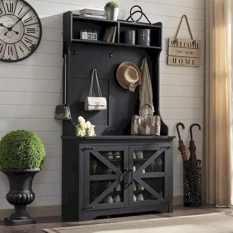 42  Wide Farmhouse Entryway Bench with Coat Rack, Mudroom Cabinet