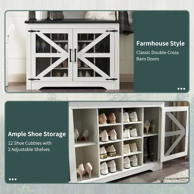 42  Wide Farmhouse Entryway Bench with Coat Rack, Mudroom Cabinet