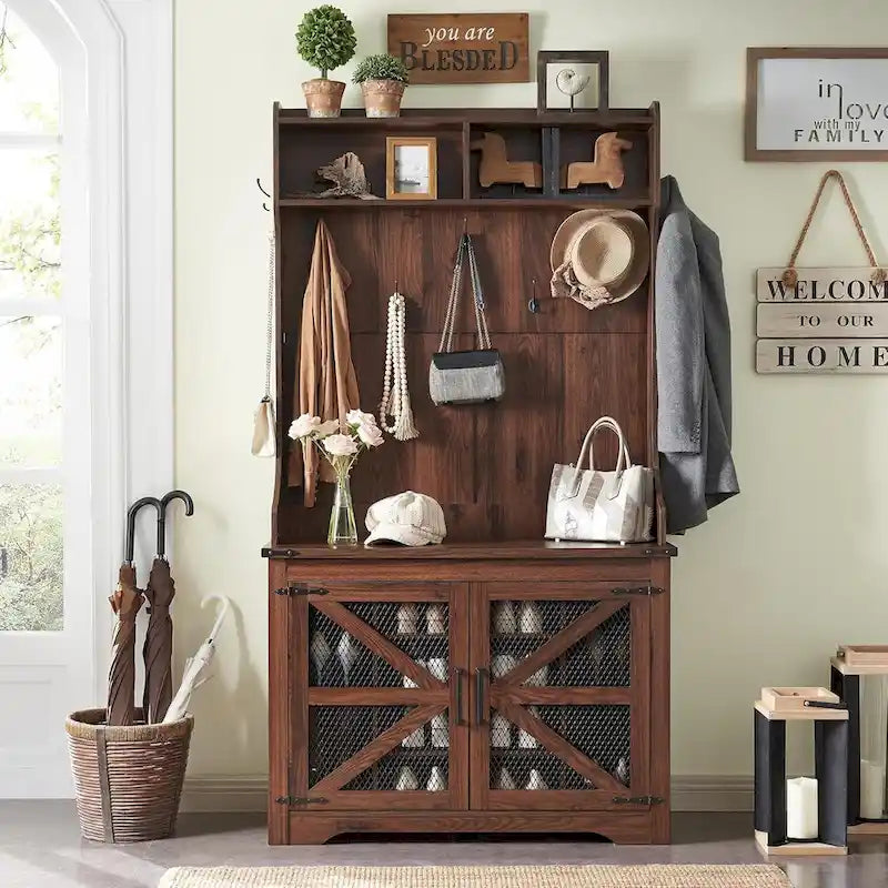 42  Wide Farmhouse Entryway Bench with Coat Rack, Mudroom Cabinet