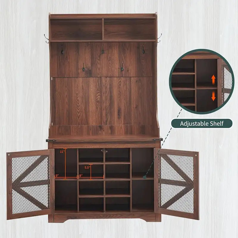42  Wide Farmhouse Entryway Bench with Coat Rack, Mudroom Cabinet