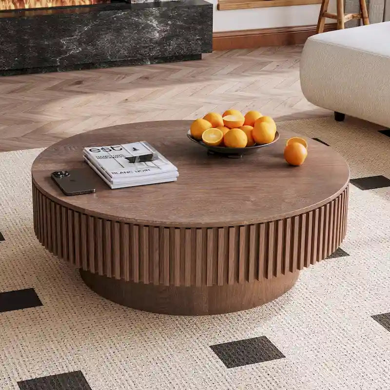Modern Solid Wood Veneered Round Coffee Tea Table with Storage