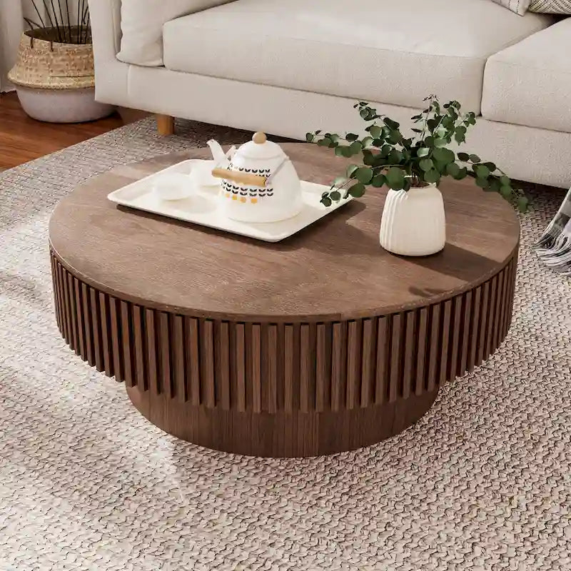 Modern Solid Wood Veneered Round Coffee Tea Table with Storage