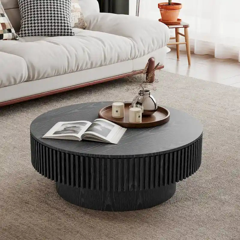 Modern Solid Wood Veneered Round Coffee Tea Table with Storage