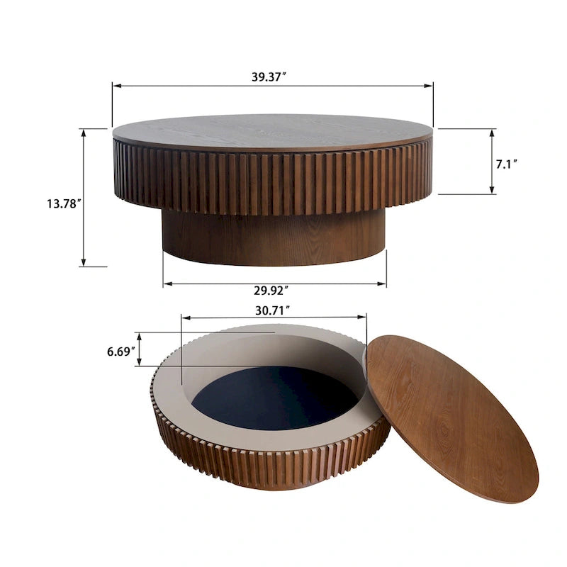 Modern Solid Wood Veneered Round Coffee Tea Table with Storage