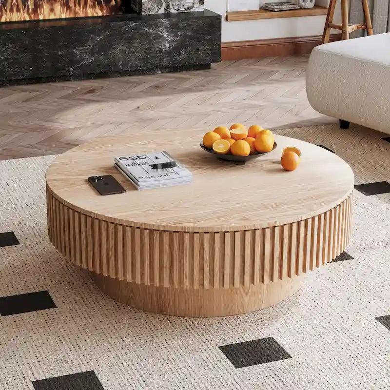Modern Solid Wood Veneered Round Coffee Tea Table with Storage