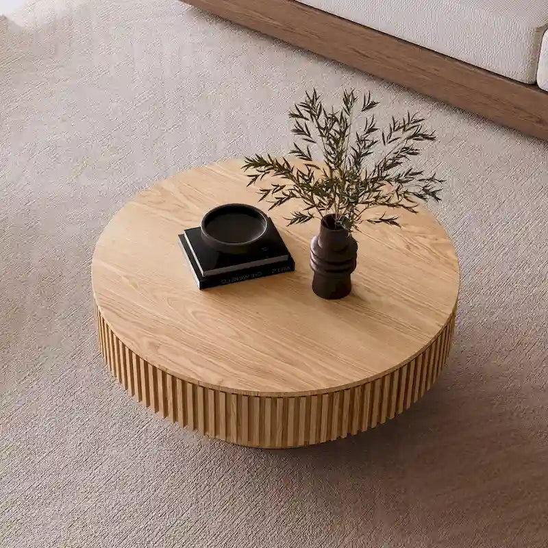 Modern Solid Wood Veneered Round Coffee Tea Table with Storage