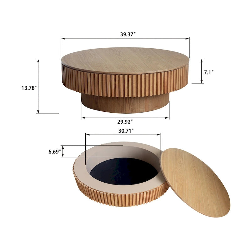 Modern Solid Wood Veneered Round Coffee Tea Table with Storage