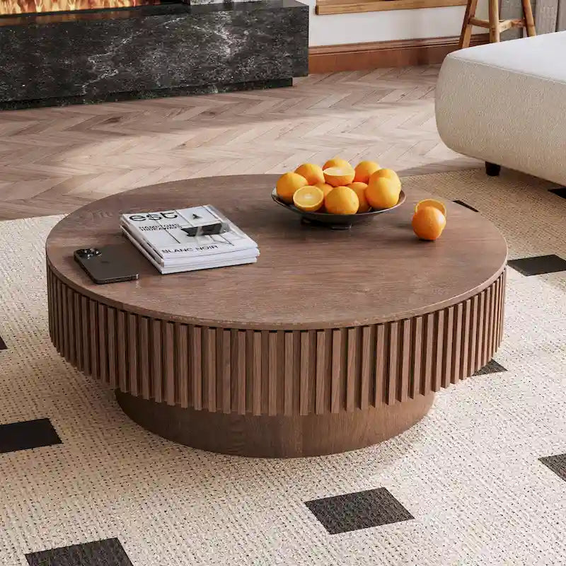 Modern Solid Wood Veneered Round Coffee Tea Table with Storage