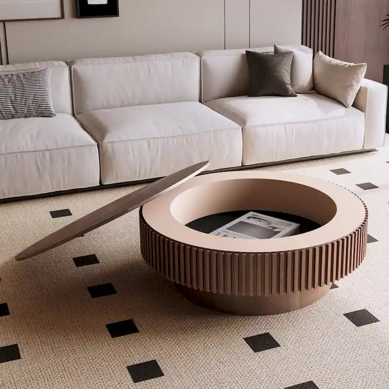Modern Solid Wood Veneered Round Coffee Tea Table with Storage