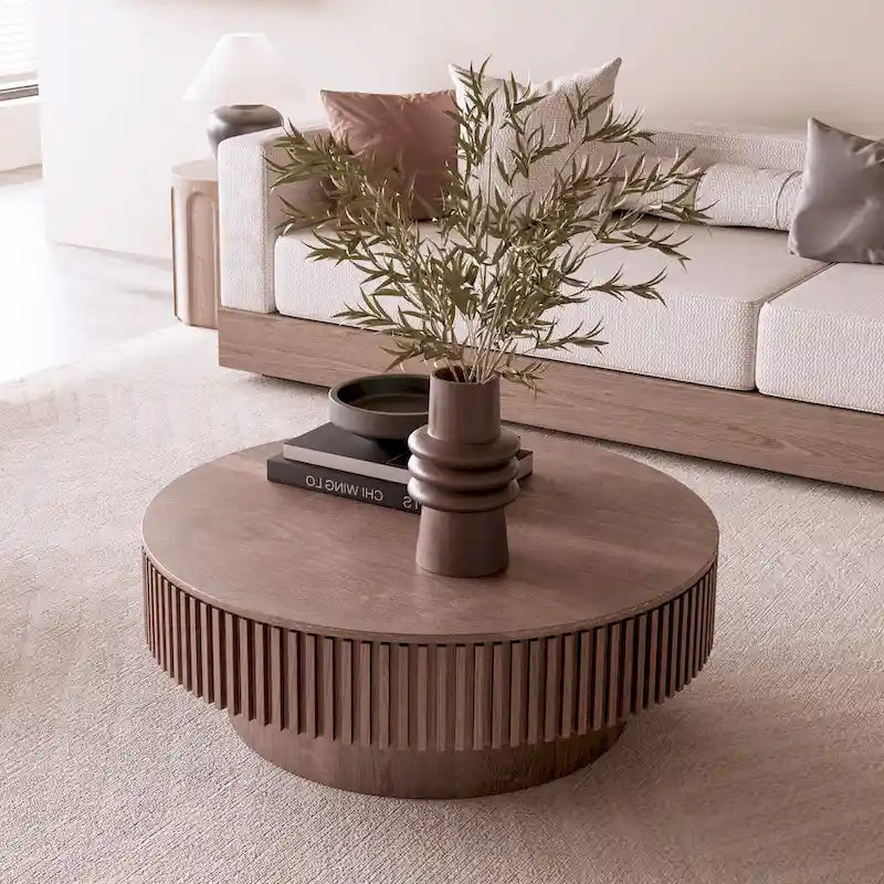 Modern Solid Wood Veneered Round Coffee Tea Table with Storage