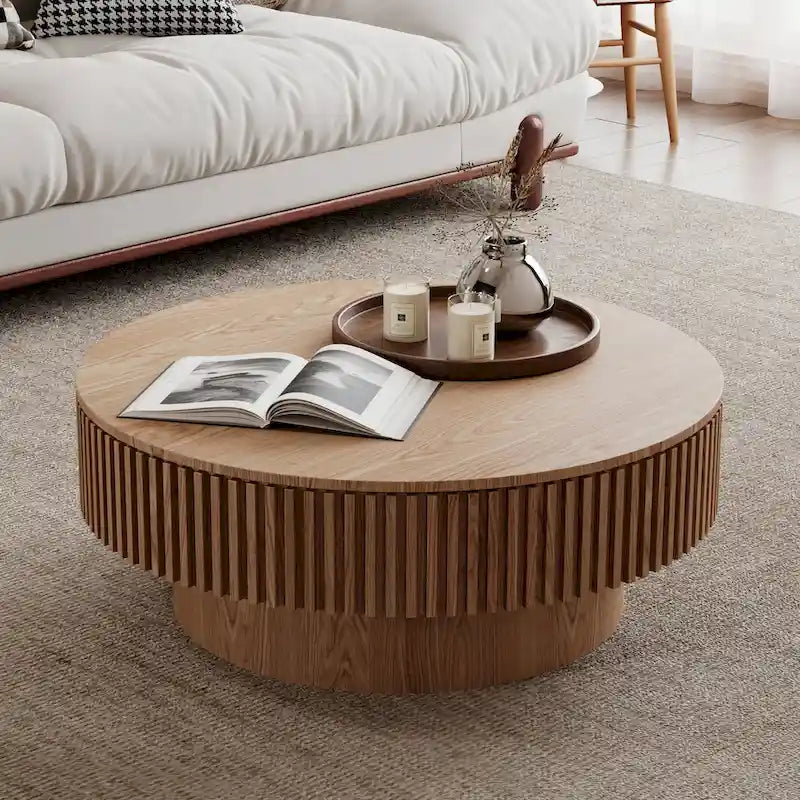 Modern Solid Wood Veneered Round Coffee Tea Table with Storage