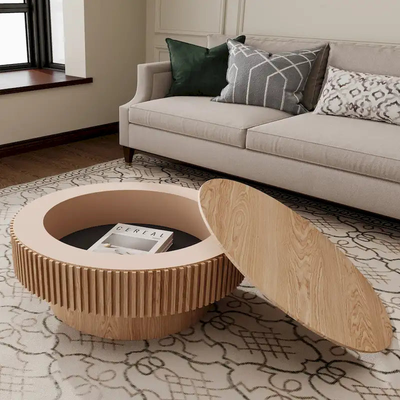 Modern Solid Wood Veneered Round Coffee Tea Table with Storage