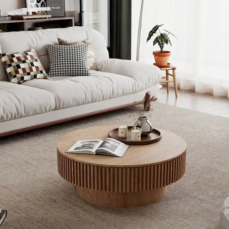 Modern Solid Wood Veneered Round Coffee Tea Table with Storage
