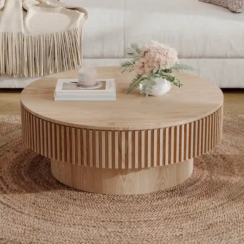 Modern Solid Wood Veneered Round Coffee Tea Table with Storage