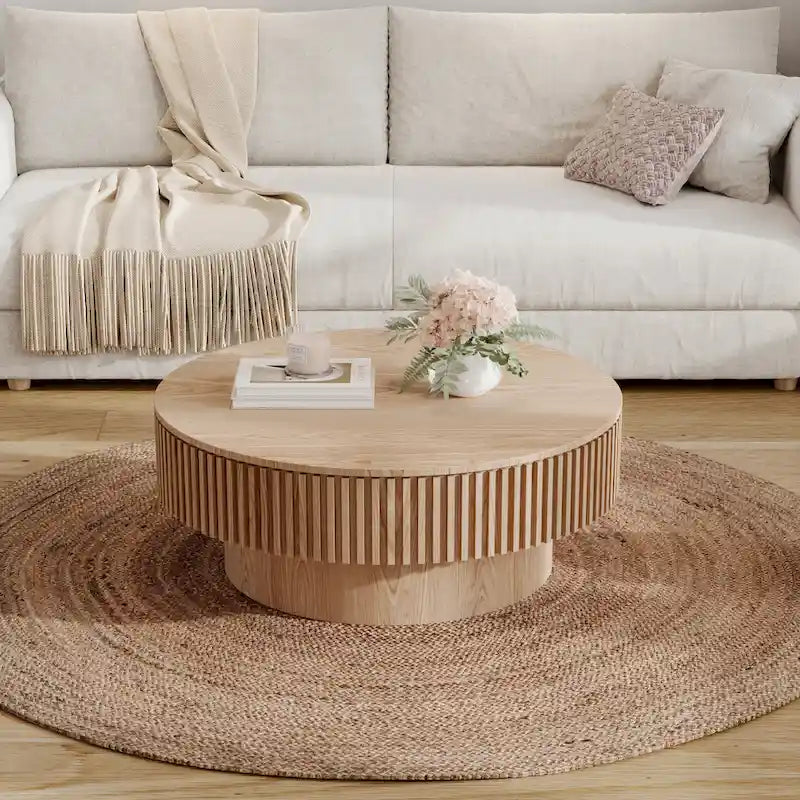 Modern Solid Wood Veneered Round Coffee Tea Table with Storage