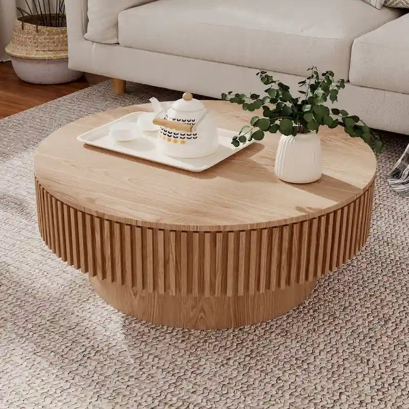 Modern Solid Wood Veneered Round Coffee Tea Table with Storage