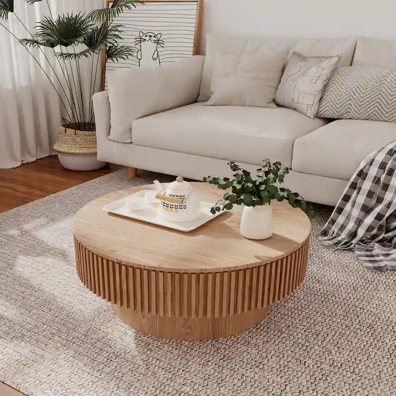 Modern Solid Wood Veneered Round Coffee Tea Table with Storage
