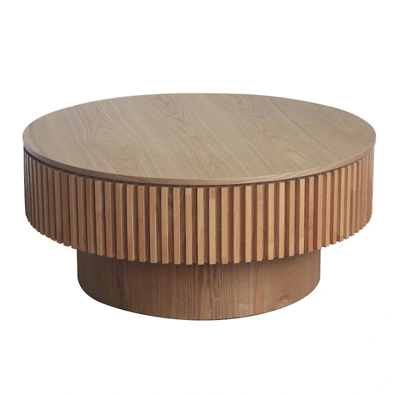 Modern Solid Wood Veneered Round Coffee Tea Table with Storage