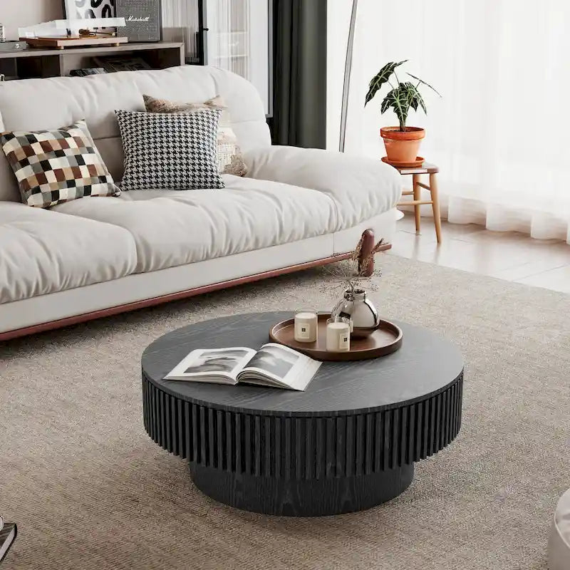Modern Solid Wood Veneered Round Coffee Tea Table with Storage