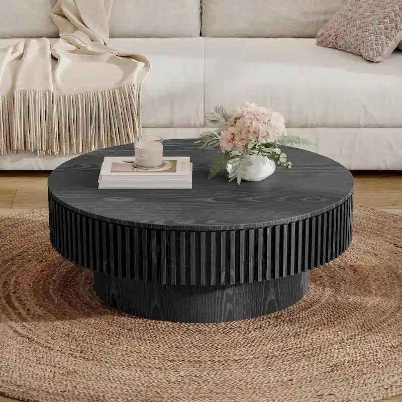 Modern Solid Wood Veneered Round Coffee Tea Table with Storage