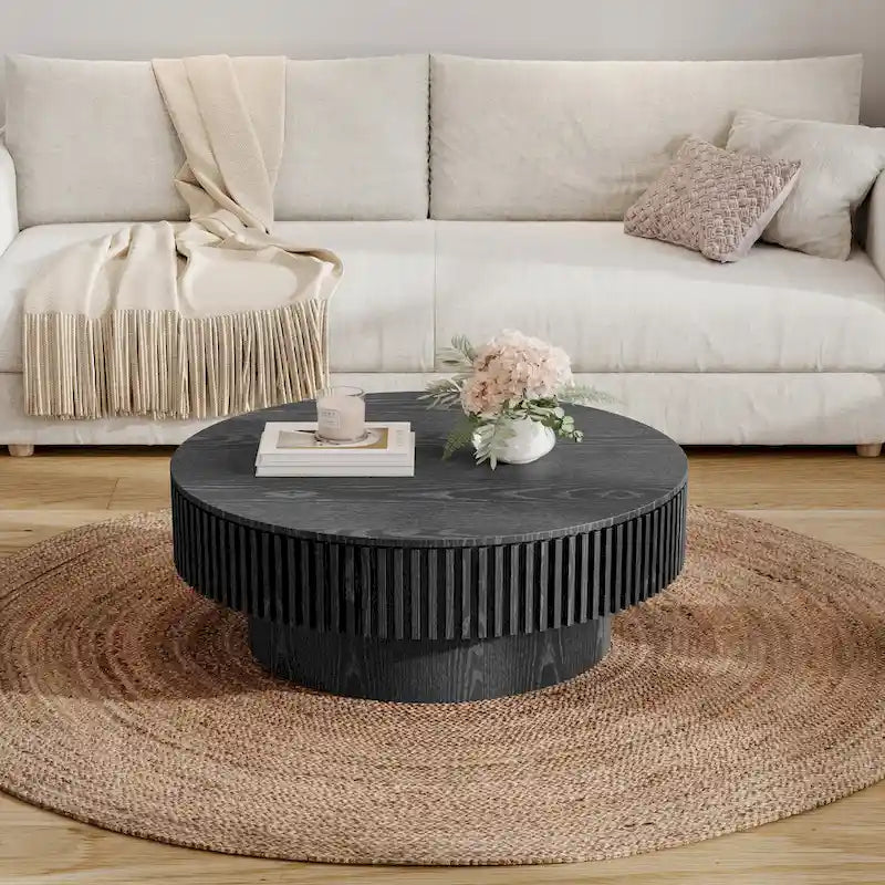 Modern Solid Wood Veneered Round Coffee Tea Table with Storage