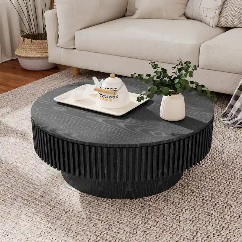 Modern Solid Wood Veneered Round Coffee Tea Table with Storage