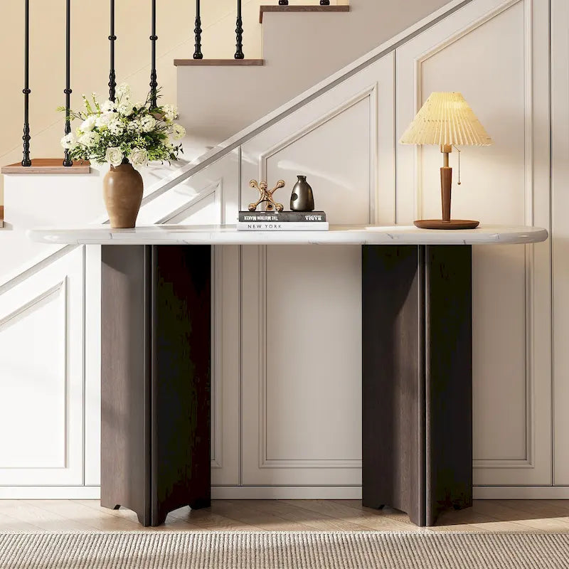 Entryway Console Table, Table with Oval Faux Marble Top for Entrance