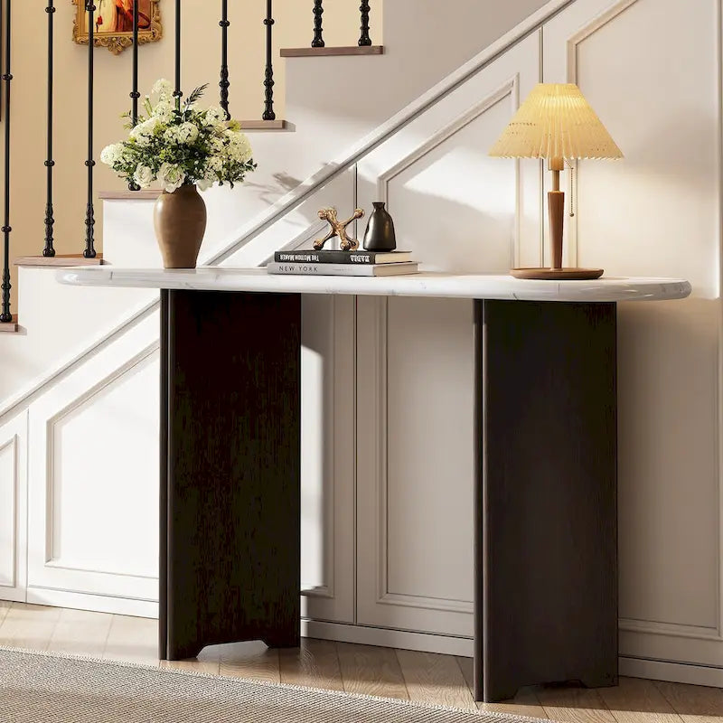 Entryway Console Table, Table with Oval Faux Marble Top for Entrance