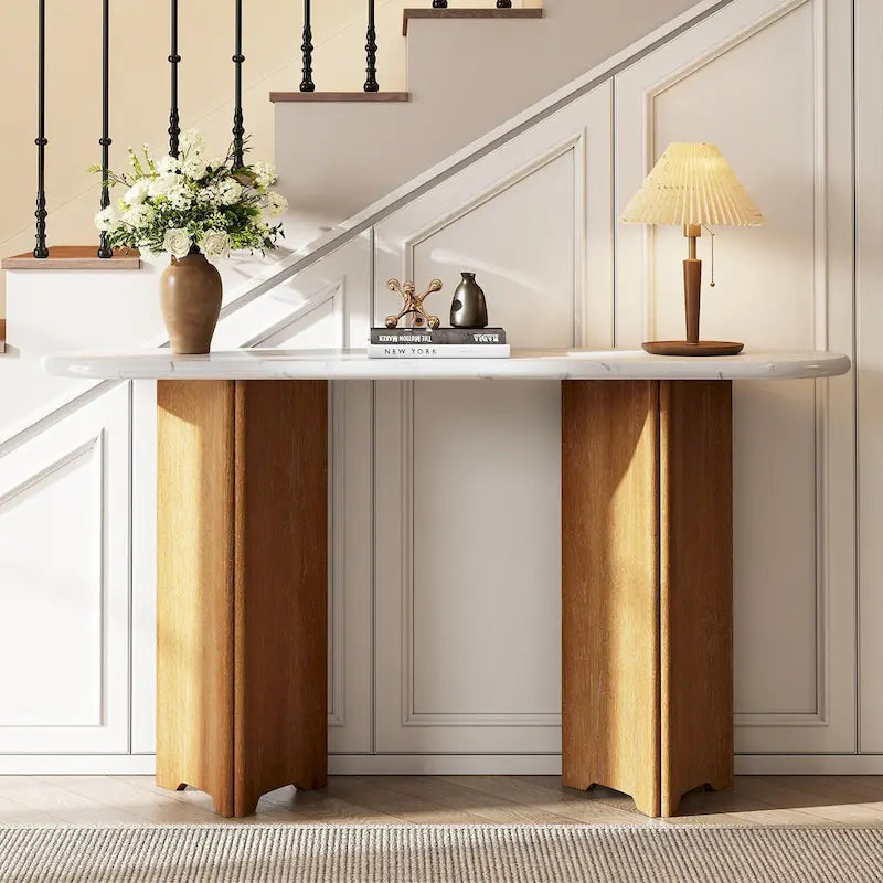 Entryway Console Table, Table with Oval Faux Marble Top for Entrance