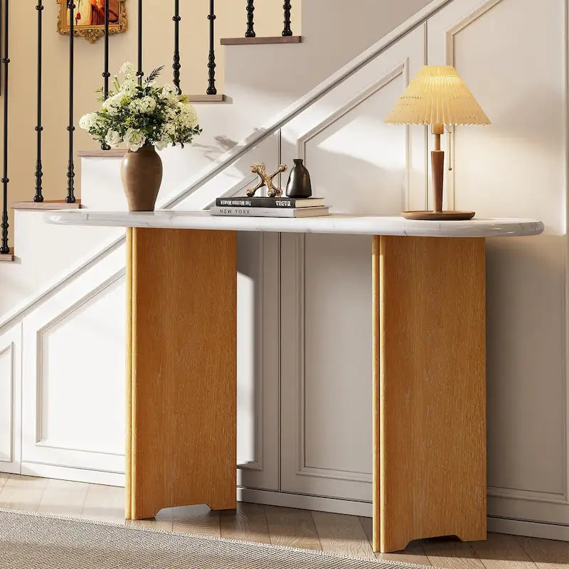 Entryway Console Table, Table with Oval Faux Marble Top for Entrance