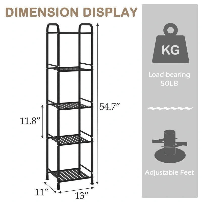 5 Tier Narrow Bathroom Shelving Unit - 13 D x 11 W x 54.7 H